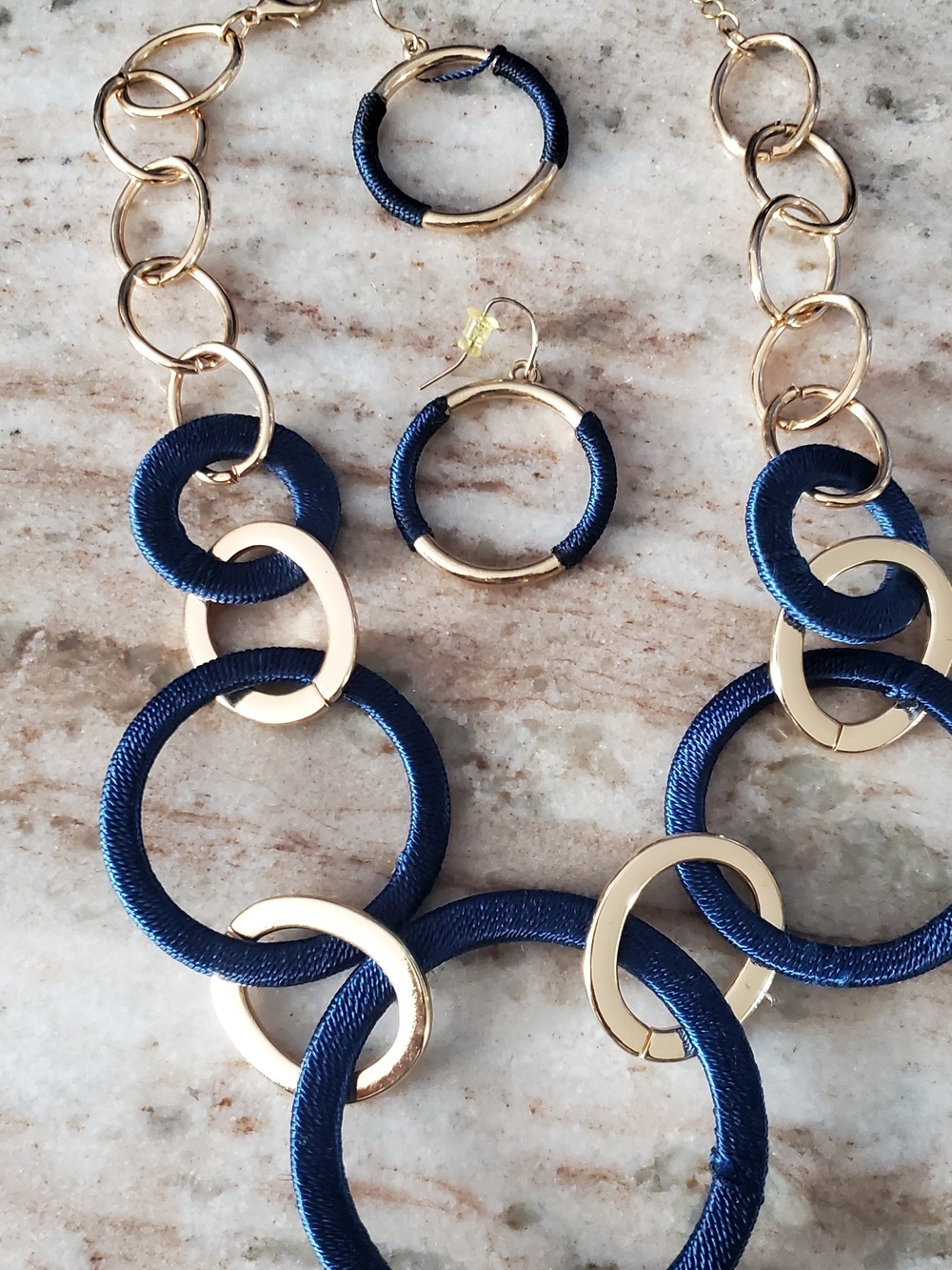 Gold-Tone Necklace & Hoop Earrings in Navy
